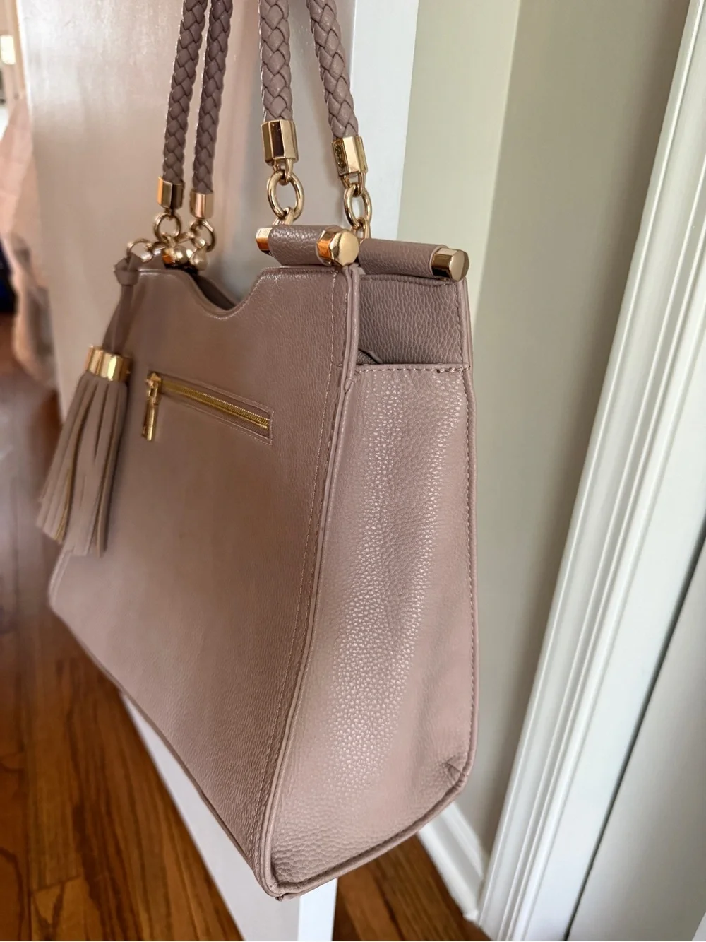 Braided Handle Taupe Satchel with Tassel Accent